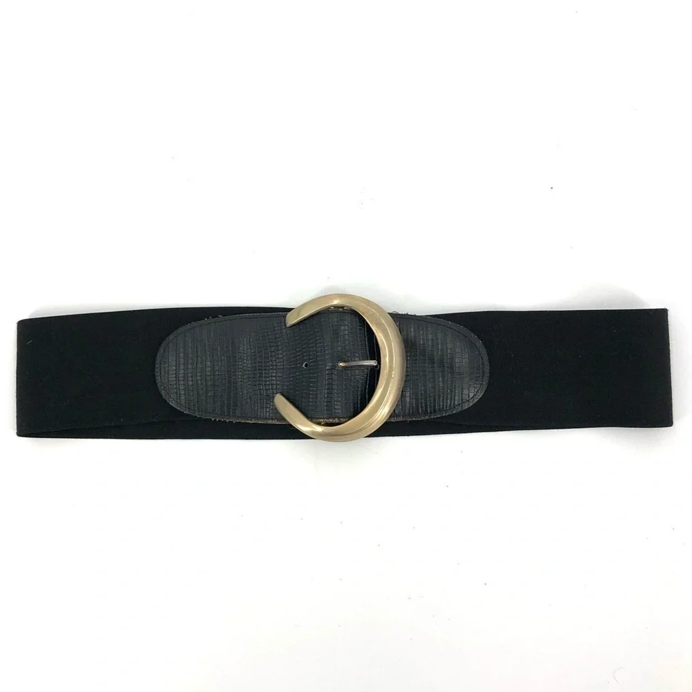 Vintage Pearl USA Black Wide Stretch Belt Womens M Large Gold Buckle Capsule